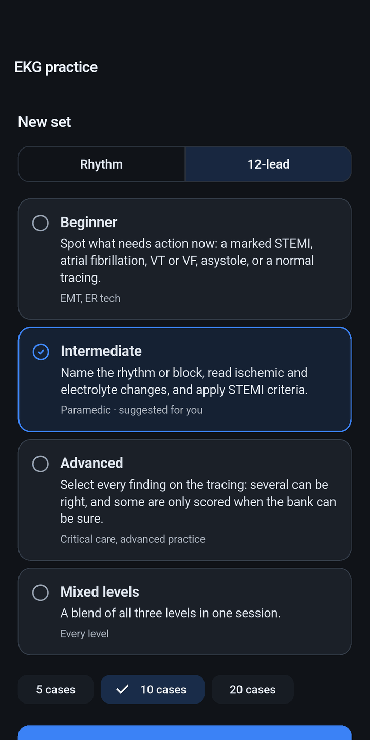 The EKG practice screen of the app, set up for a new 12-lead set at the Intermediate level with a choice of 5, 10 or 20 cases.