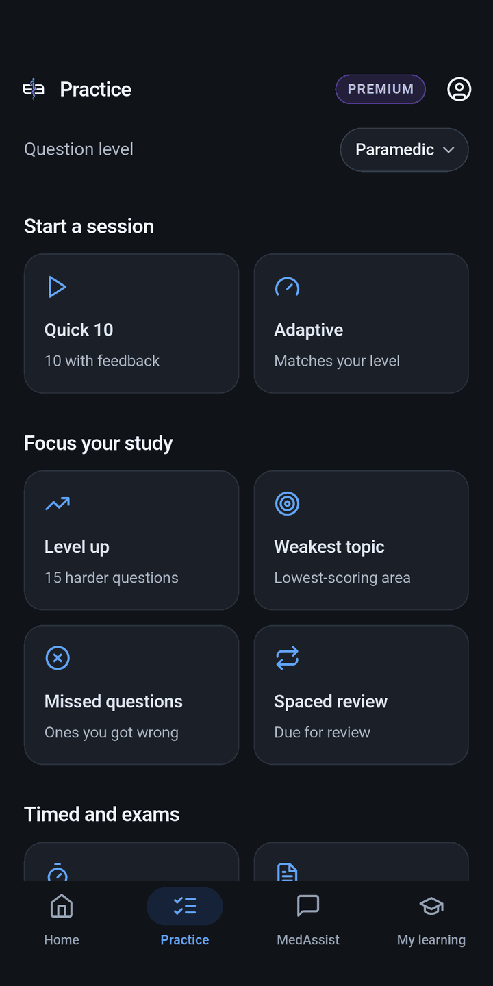 The Practice screen of the E3 Learning Android app, with the question level set to Paramedic and cards for Quick 10, Adaptive, Level up, Weakest topic, Missed questions and Spaced review sessions.