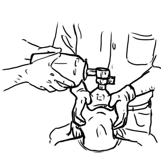 Illustration of two rescuers: one holds the face mask with both hands while the other squeezes the bag