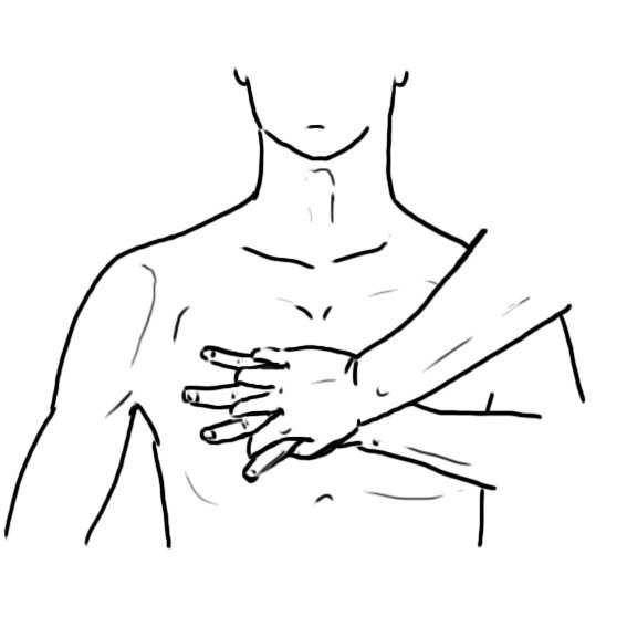 Line drawing of two hands stacked over the lower sternum for adult chest compressions