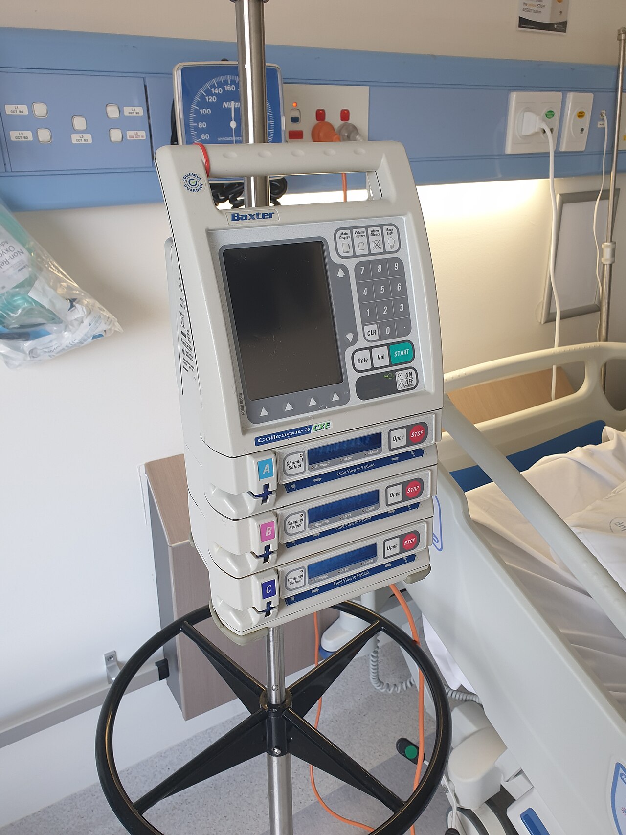Modular Baxter Colleague 3 CXE infusion pump on an IV pole with channel modules A, B and C