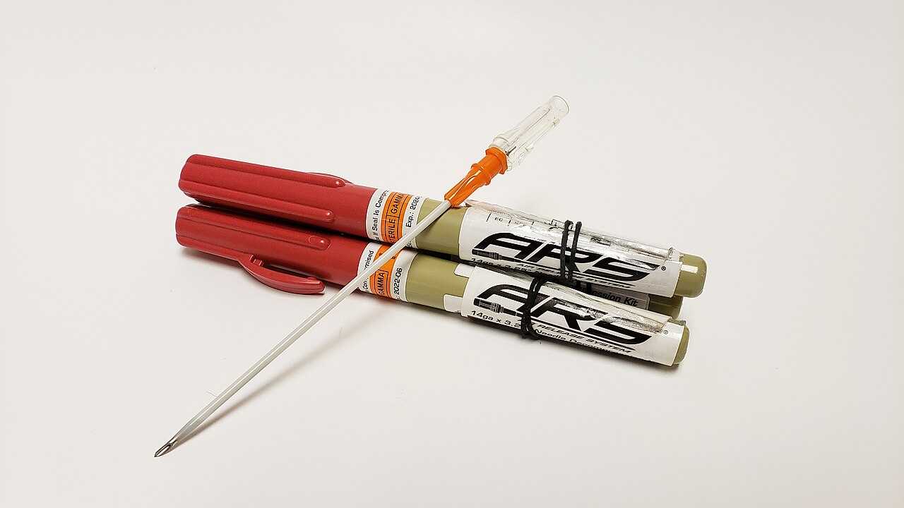 A 14-gauge, 3.25 inch needle and catheter for tension pneumothorax decompression in its packaging