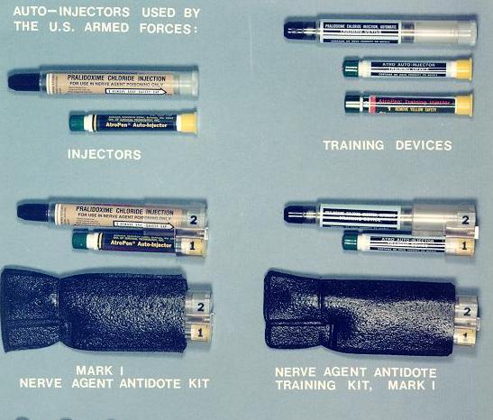 Mark I kit: AtroPen atropine autoinjector numbered 1 and pralidoxime chloride autoinjector numbered 2, with training devices