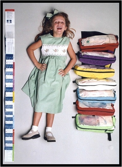 Broselow tape beside a child and color-coded equipment drawers matched to the tape zones